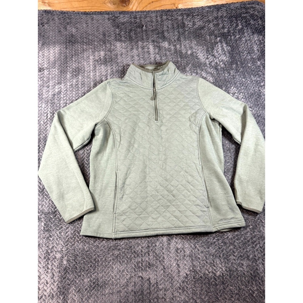 Eddie Bauer Quilted Sweatshirt Women XL Sage Green Knit Cotton Mock Neck 1/4 Zip